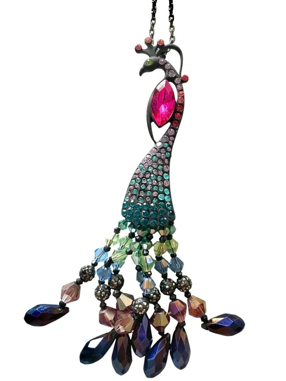 Betsy Johnson - Long Peacock Pendant Necklace with Pink and Green Crystals